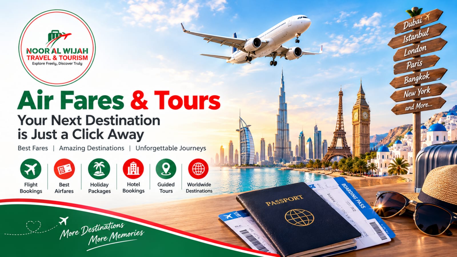 Air Fares & Tours banner with Noor Al Wijah branding, an aircraft, destinations and travel accessories