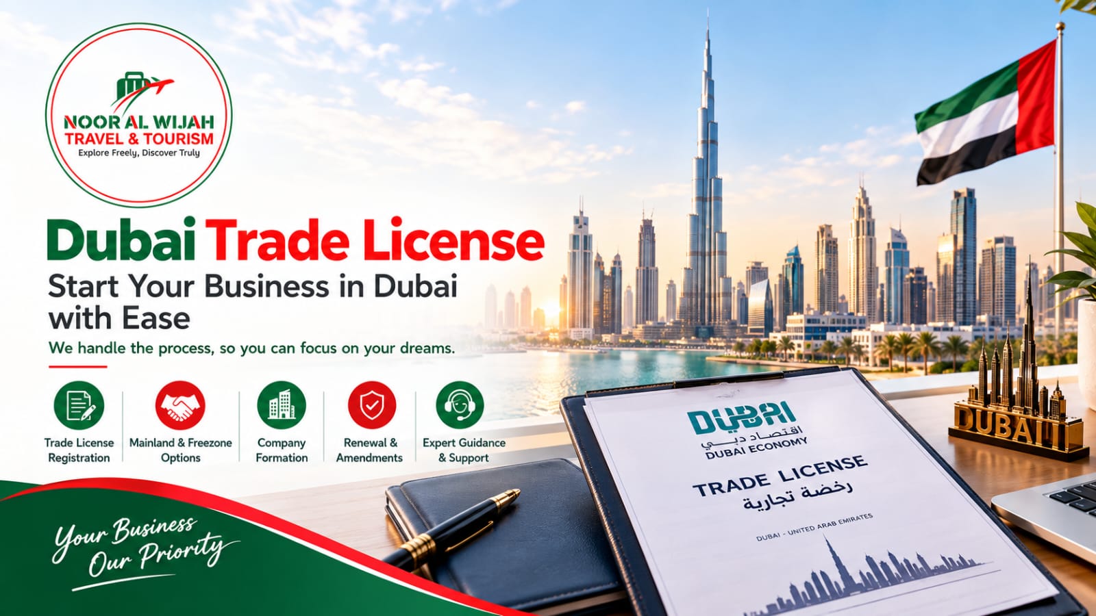 Start your business in Dubai banner with Noor Al Wijah branding and skyline