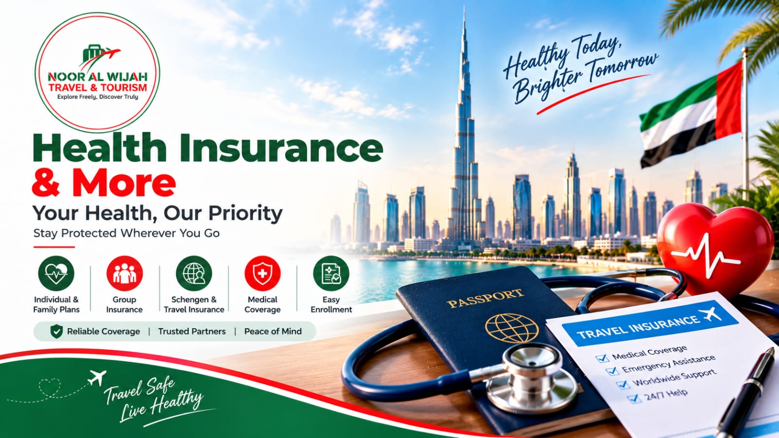 Health Insurance banner with Dubai skyline and insurance coverage artwork