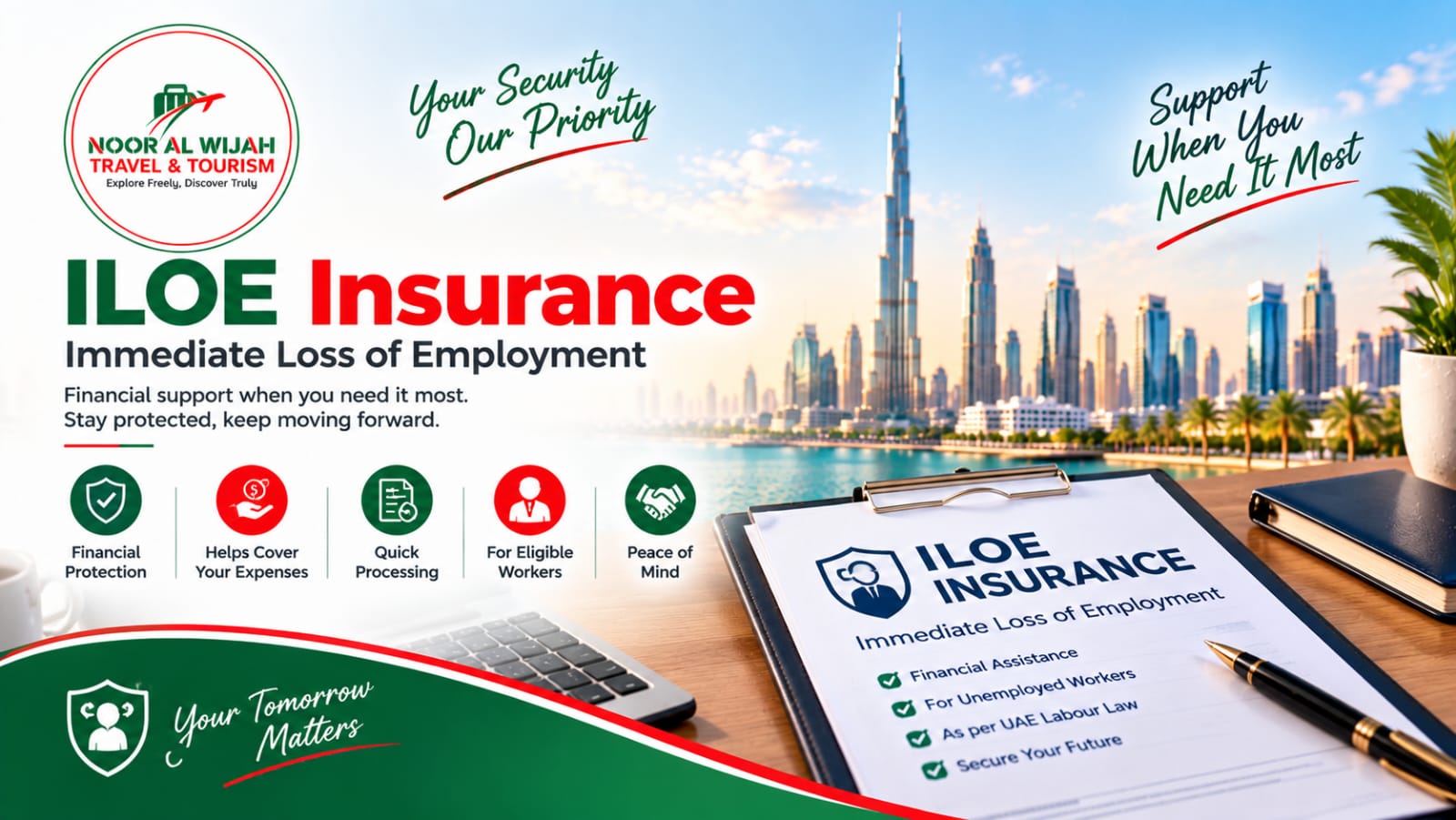 ILOE Insurance banner with Dubai skyline and employment insurance information